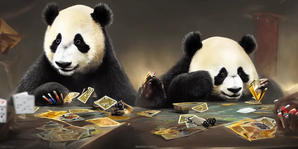 Prompt: A panda playing Magic the Gathering, artstation, 8k, photorealism