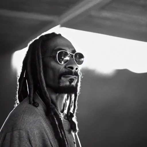 Image similar to cinematic film still of Snoop Dogg starring in a Steven Spielberg film as Bob Marley, candid photo, 1999, Jamaica, shallow depth of field, close up photograph, epic lighting