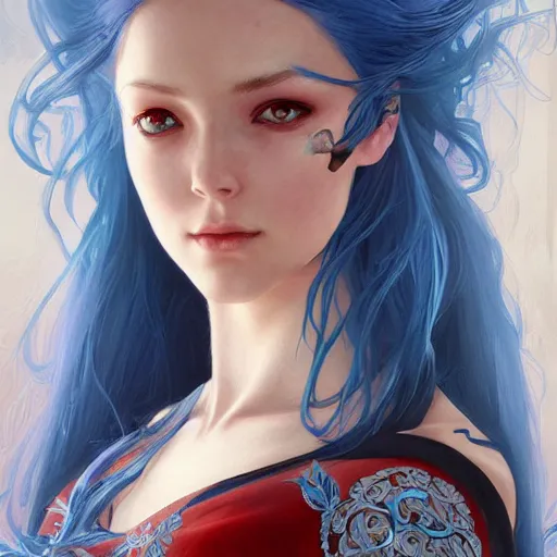 Image similar to a girl with blue hair and red eyes, D&D, fantasy, intricate, elegant, highly detailed, digital painting, artstation, concept art, smooth, sharp focus, illustration, art by artgerm and greg rutkowski and alphonse mucha
