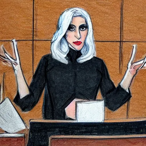 Prompt: courtroom sketch of lady gaga in the witness stand pointing at the hamburgler