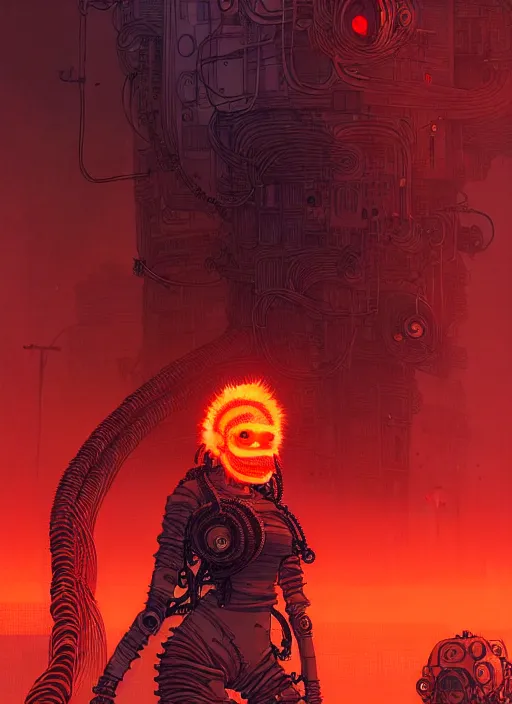 Image similar to highly detailed portrait of wasteland punk long curly fire hair tribal lady, stray wiring by atey ghailan, james gilleard, by joe fenton, by greg rutkowski, by greg tocchini, by kaethe butcher, 4 k resolution, gradient red, orange, black and white color scheme!!! ( ( burning flaming robotic dystopian city background ) )