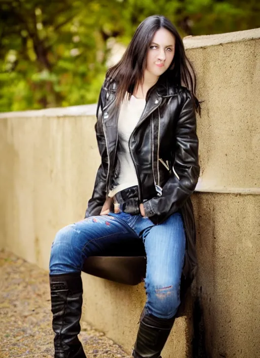 Image similar to young woman in her 20s, she wears a leather jacket and boots, full body shot, taken by a nikon, very detailed face