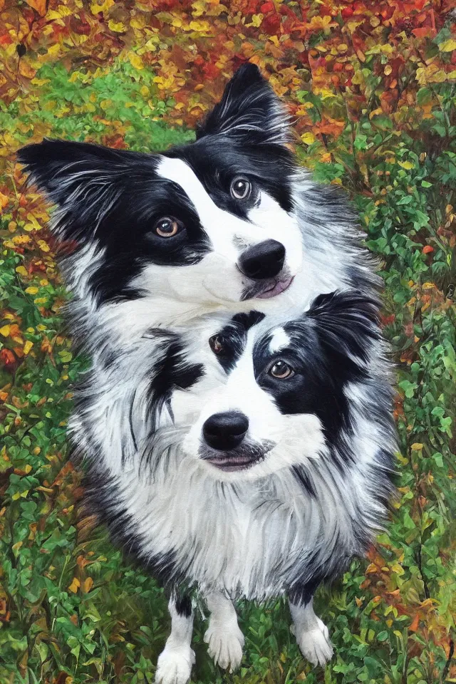 Prompt: painting of a cute merle border collie in the beautiful forest