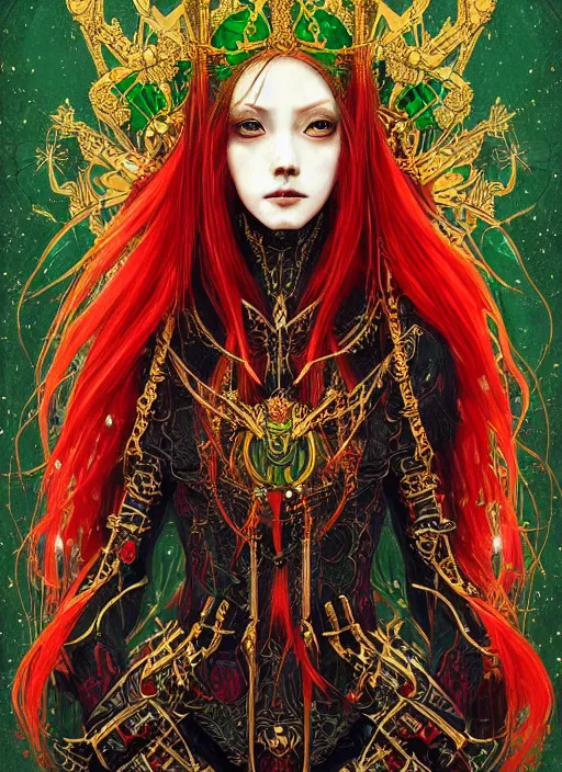 Prompt: a painting of a beautiful cyberpunk elven queen with long red hair, wearing green, red and gold ornate dress, golden intricate crown,. detailed symmetrical full body portrait, intricate complexity, concept art, by takato yamamoto, wlop, krenz cushart. cinematic dramatic atmosphere, sharp focus