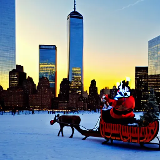 Prompt: santa claus in a sleigh with reindeers in front of world trade center's 5 0 th floor with a beautiful sunset in the background