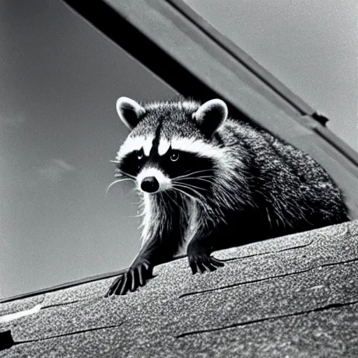 Prompt: 1 9 6 8 national geographic, raccoon on roof, backlit,