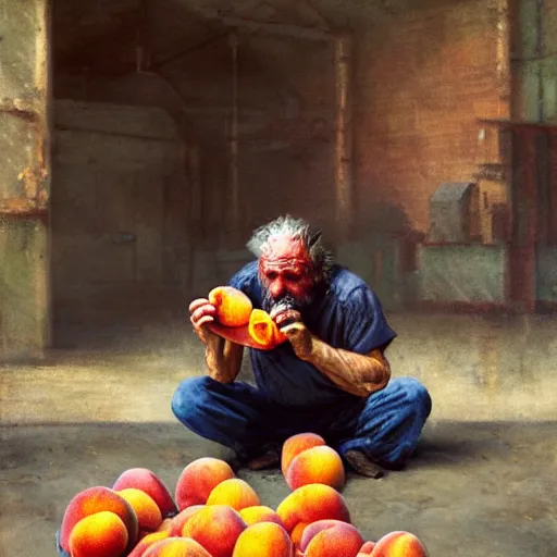 Image similar to feral man eating peaches in a factory, hunched over, mild mild impressionism, factory background, sharp colors, by greg rutkowski and asher duran