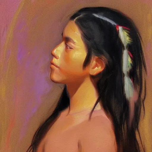 Prompt: profile portrait of a young beautiful native girl, eyes have a rainbow glow, background is a redwood forest, style of john singer sargent