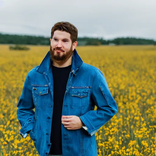 Image similar to steven bonnell ii in a blue jacket walking in a field, 5 0 mm sigma lens, sony a 7 siii