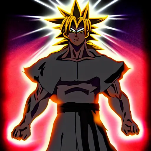 Image similar to jesus Christ on the cross going super saiyan, glowing, anime