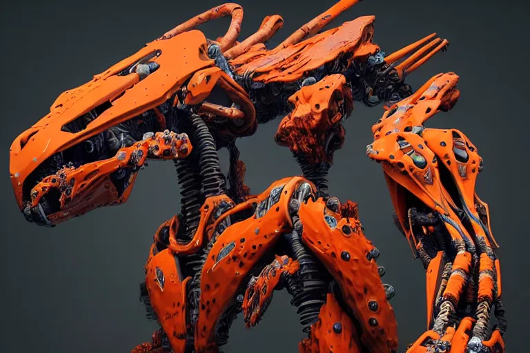 Prompt: a hyper detailed orange fanghorn evangelion realistic mechanical and organic creature similar look as horizon forbidden west horizon zero dawn, bioluminiscence in a dark deep forest at dawn in spring, with reflection and textures, by kilian eng, substance painter reaslitic mech surface metal painted scratches,