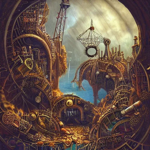 Prompt: surrealist landscape, inside steampunk ant citya, painting, highly detailed