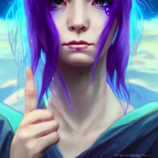 Image similar to rimuru tempest from tensura holding purple fire in her palm, overlooking piltover, straight hair, sky blue hair, long bangs, award winning photography, cinematic, digital painting, cinematic, wlop, 8 k, by ross tran, tom bagshaw