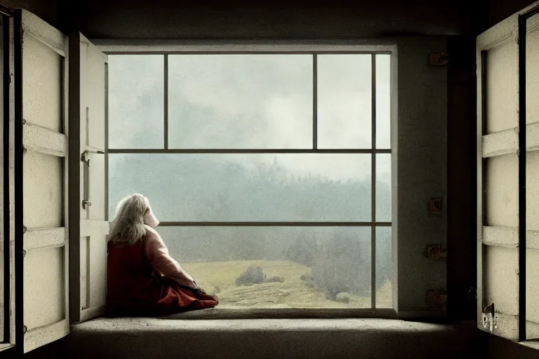 Prompt: a cinematic painting of an old female prisoner inside of jail cell looking out of a window onto a beautiful serene landscape, beautiful lighting, high depth, ultra realistic, artistic, by annie leibovitz, by gregory crewdson