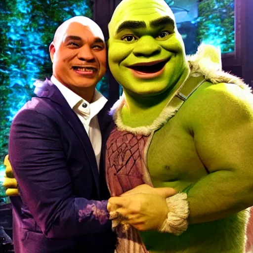 Image similar to wally bayola as shrek with formal clothes