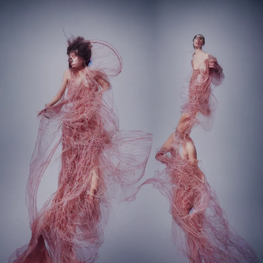 Image similar to Fashion photography of a woman wearing a dress inspired by a jellyfish, artistic photography, insanely detailed, chiaroscuro, cinestill 800t, Vogue magazine