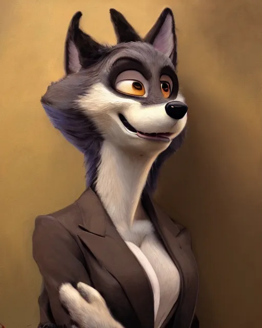 Image similar to oil painting of anthromorphic female wolf, in style of zootopia, female fursona, furry, furaffinity, 4 k, deviantart, furry art, fursona art, wearing black business suit, business suit, wolf fursona, female, very expressive detailed feminine face, by gaston bussiere, craig mullins, j. c. leyendecker