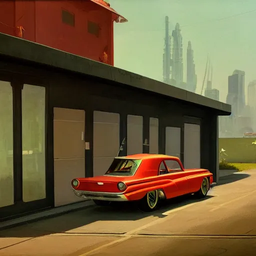 Image similar to a cinematic matte painting of a boxy 1 9 6 0 s retro - futurism sci - fi car with solar panels on roof and doors in a cluttered garage in mumbai. by edward hopper, glennray tutor and greg rutkowski. trending on artstation.