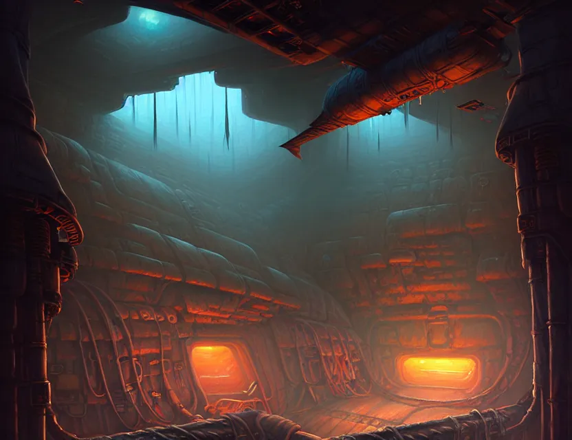 Image similar to interior view of the magic smuggler cargo hold of a flying ship, d & d planescape fantasy art, artstation contest winner, beautiful digital painting in the style of dan mumford, art by kev chan, volumetric lighting, concept art, speedpainting, fantasypunk, deep colors, cgsociety, by gerald brom, by greg rutkowski, by ruan jia