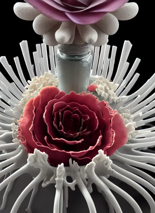 Image similar to perfume bottle standing in the center of a biomechanical black enchanted cave made of corals, daisies, roses in an ivory room well contoured smooth fair walls, up close shot, sharp focus, global illumination, radiant light, alexandre ferra white mecha, irakli nadar, octane highly render, 4 k, ultra hd,