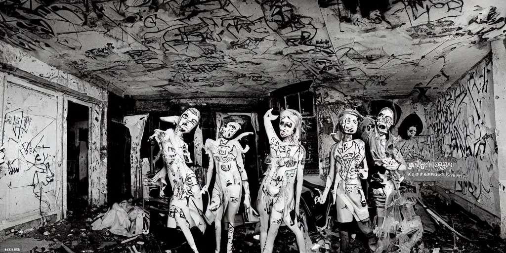 Image similar to polymer coneheads French band photoshoot inside abandoned dollhouse, 1980s surrealism aesthetic, detailed facial expressions, graffiti on the walls and ceiling