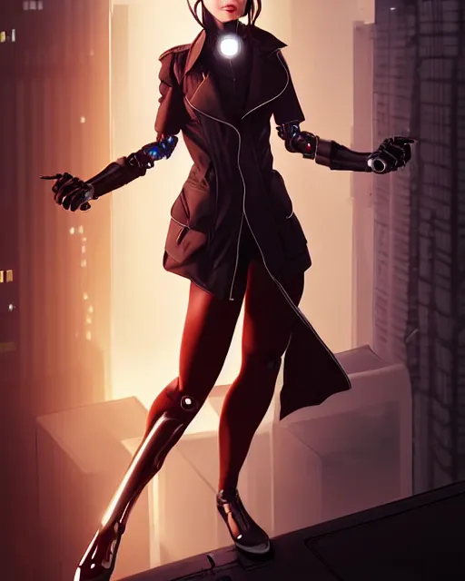 Image similar to photorealistic beautiful half cyborg woman by Artgerm and NeoArtCorE with a mischievous look, the half cyborg woman is wearing a long trench coat, in a dark night rooftop scene by Liam Wong