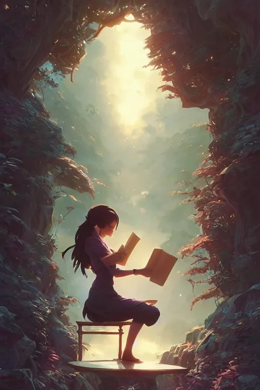 Image similar to highly detailed portrait of beautiful girl reading a book in avatar, dynamic pose, stephen bliss, unreal engine, fantasy art by greg rutkowski, loish, rhads, ferdinand knab, makoto shinkai and lois van baarle, ilya kuvshinov, rossdraws, tom bagshaw, global illumination, radiant light, detailed and intricate environment