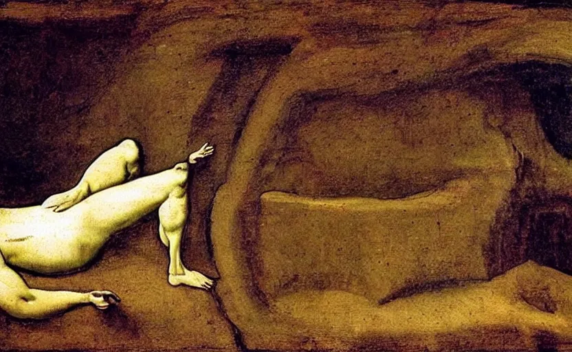 Prompt: a painting of the persistence of memory, painted by leonardo da vinci