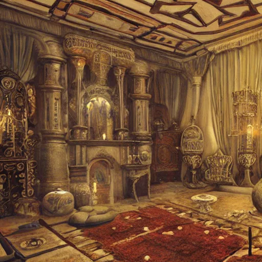 Prompt: detailed painting of a bohemian interior room with celestial ephemeral ornaments and hr giger architecture, artstation, greg crewdson, cinematic