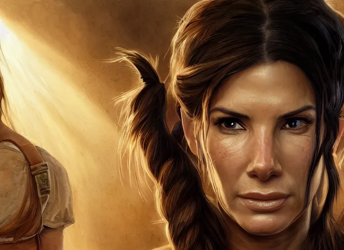 Image similar to face portrait of concentrated young Sandra Bullock as Lara Croft with pig-tails entering an incredible epic ruin, glorious sun beams, intricate, elegant, highly detailed, digital painting, short focus, illustration, Allan Lee, John Howe