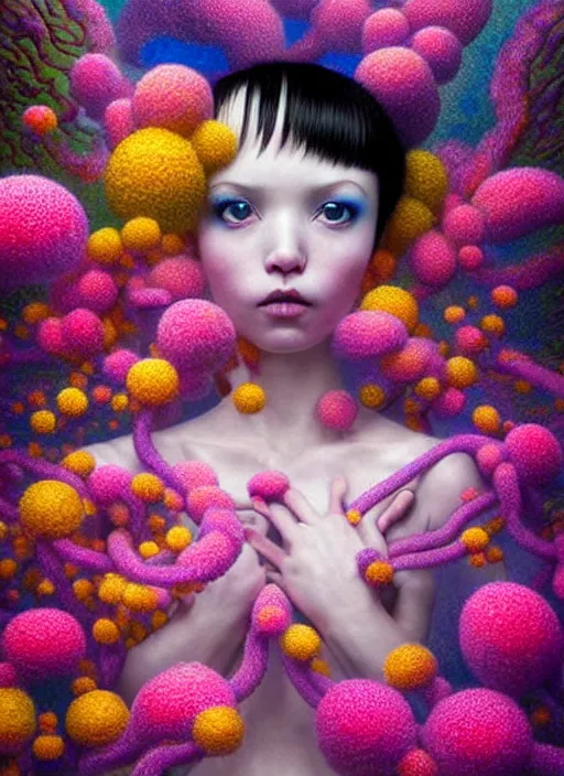 Image similar to hyper detailed 3d render like a Oil painting - kawaii portrait Aurora (black haired Fae acrobat) seen Eating of the Strangling network of yellowcake aerochrome and milky Fruit and Her delicate Hands hold of gossamer polyp blossoms bring iridescent fungal flowers whose spores black the foolish stars by Jacek Yerka, Mariusz Lewandowski, Houdini algorithmic generative render, Abstract brush strokes, Masterpiece, Edward Hopper and James Gilleard, Zdzislaw Beksinski, Mark Ryden, Wolfgang Lettl, hints of Yayoi Kasuma, octane render, 8k