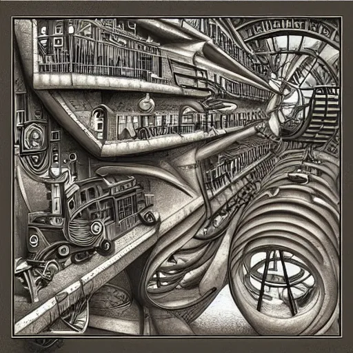 Prompt: Relativity steampunk by M.C. Escher