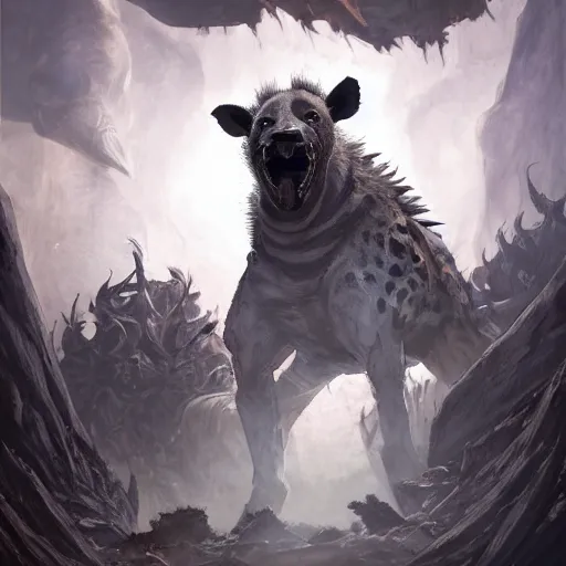 Image similar to Hyena, Anthropomorphized, as warlord general on skull throne, magic the gathering artwork, D&D, fantasy, cinematic lighting, centered, symmetrical, highly detailed, digital painting, artstation, concept art, smooth, sharp focus, illustration, volumetric lighting, epic Composition, 8k, art by Akihiko Yoshida and Greg Rutkowski and Craig Mullins, heroic pose, oil painting, cgsociety, Battlefield background, explosions, arrows