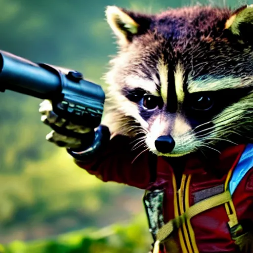 Image similar to rocket raccoon fighting in the vietnam war, 4 k, high resolution, still, landscape, hd, dslr, hyper realistic