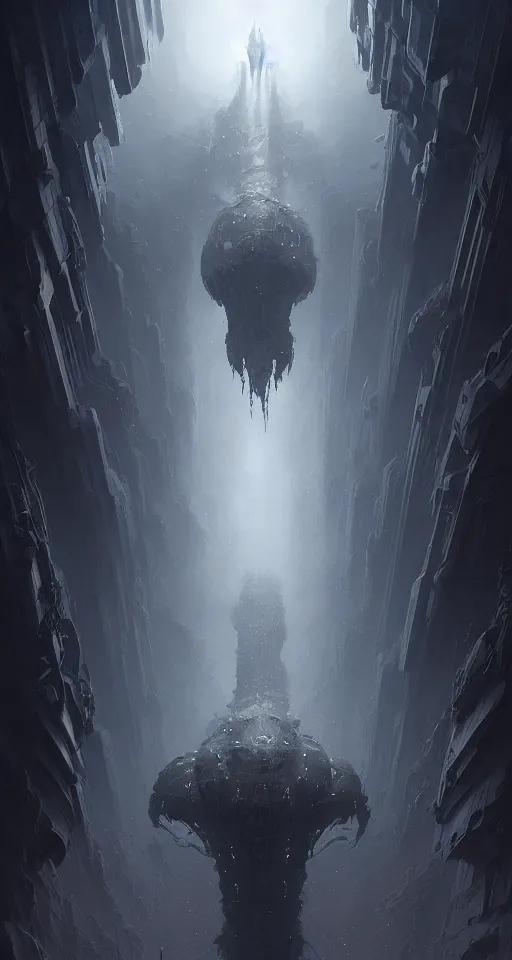 Image similar to professional concept art of a symmetrical! abstract fractal ominous floating robotic terrifying giant thing in a dark room by artgerm and greg rutkowski ( thin white border ). an intricate, elegant, highly detailed digital painting, concept art, smooth, sharp centred focus, illustration, in the style of cam sykes, wayne barlowe, igor kieryluk.