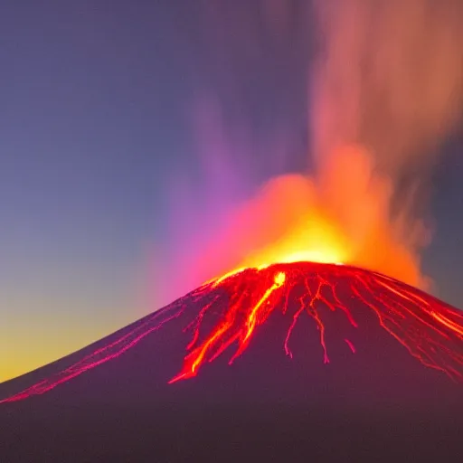 Prompt: erupting volcano surrounded by a sea of red glowing in the night