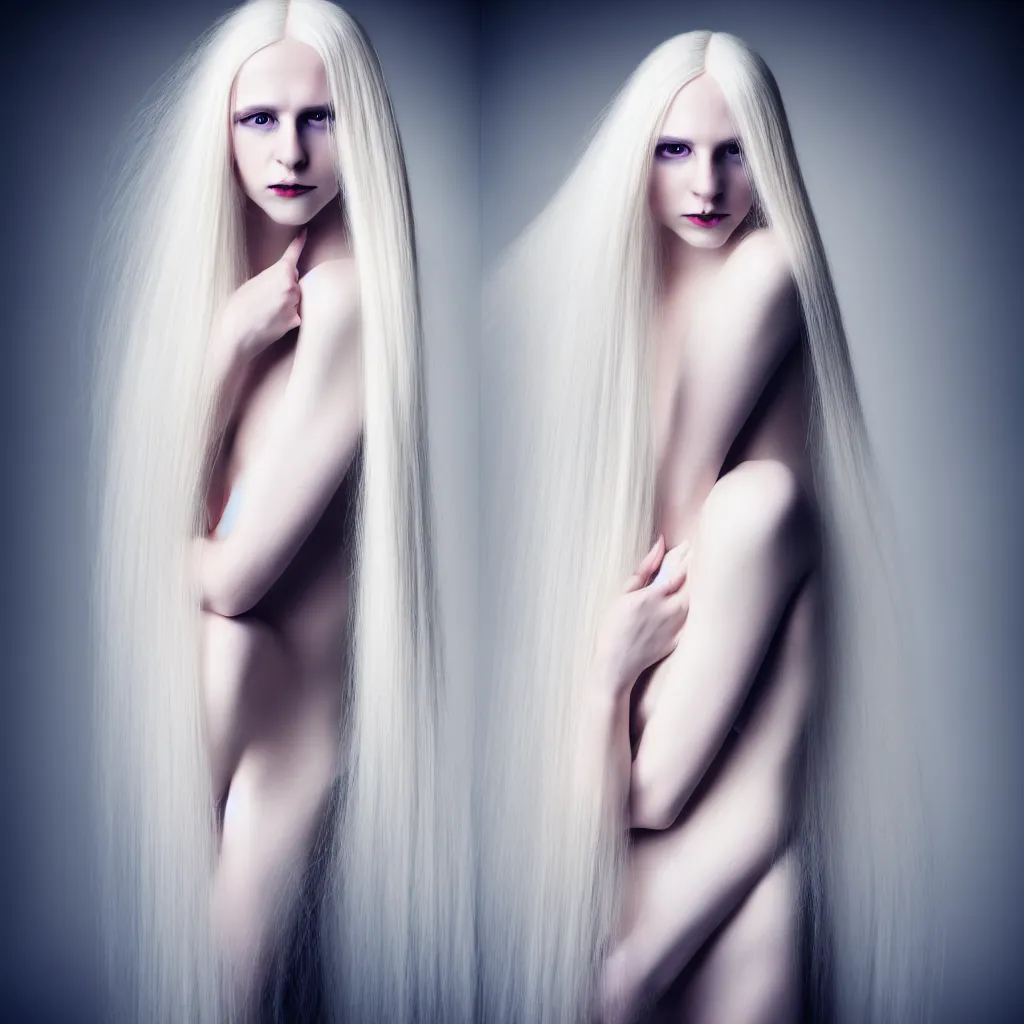 Image similar to portrait of a single woman with long blond hair dressed in long white, fine art photography light painting in style of Paolo Roversi, professional studio lighting, dark background, hyper realistic photography, fashion magazine style