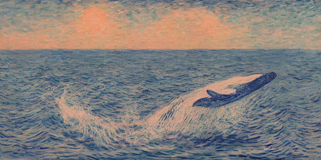 Prompt: An aesthetically pleasing, dynamic, energetic, lively, well-designed digital art of a whale, ripples, waves, sea foam, light and shadow, ocean caustics, aizome patterns, shin-hanga by Claude Monet, traditional Japanese colors, superior quality, masterpiece, excellent use of negative space.