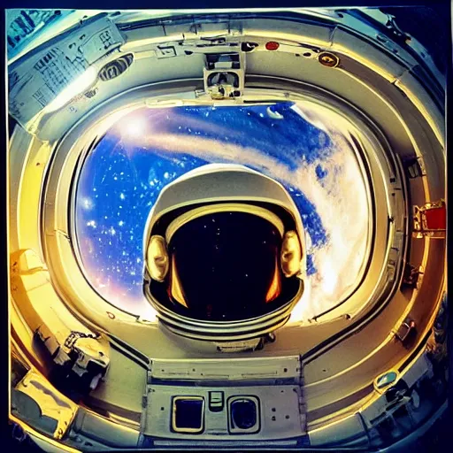 Prompt: “astronaut on board international space station wearing black space suit and gold helmet, highly detailed, realistic, portrait, no flag patch, symmetrical, photorealistic, proportional, beauty, fish eye lens, nasa, spacex, galaxies, in the style of Edward hooper oil painting sun rising”