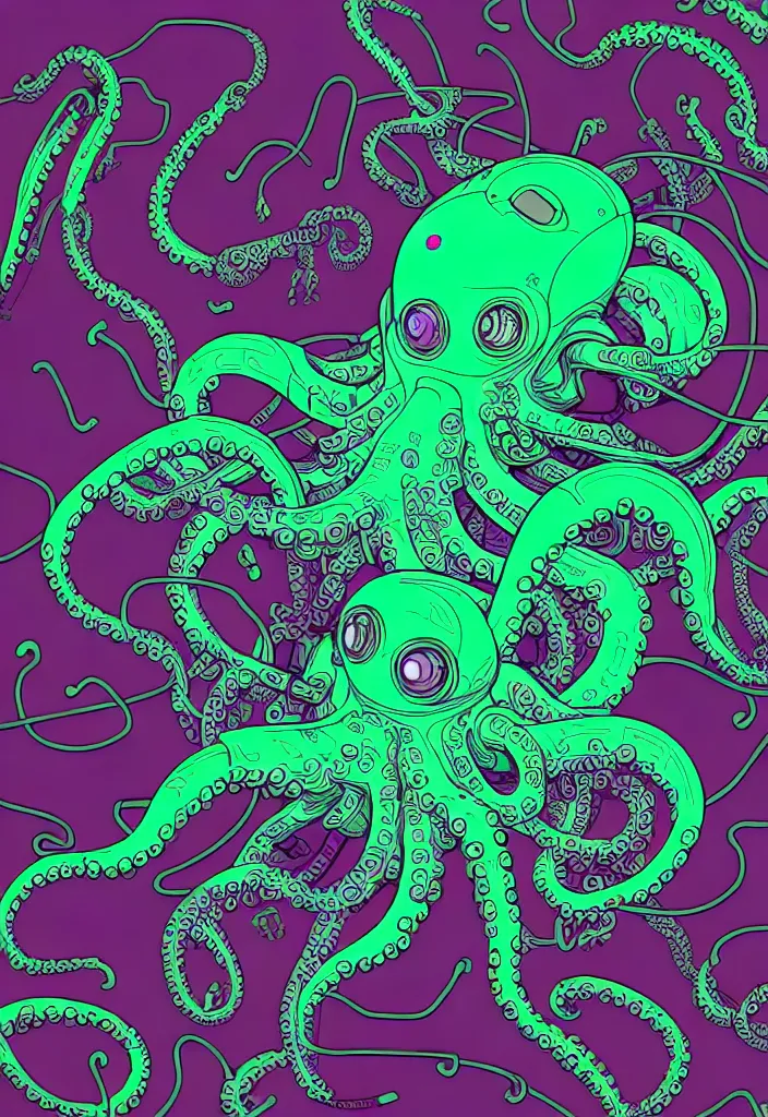 Prompt: robotic cyberpunk octopus by miyazaki, green purple red color palette, symmetrical vector illustration, kenneth blom, mental alchemy, james jean, pablo amaringo, naudline pierre, contemporary art, hyper detailed