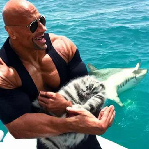 Image similar to dwayne johnson saving a kitten from a shark