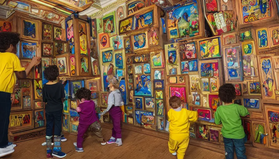 Prompt: three brightly coloured children playing in a giant cabinet of occult objects, museum, dark, realistic, intimidating