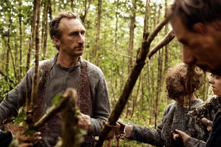 Image similar to movie scene portrait closeup, berry people building a strawberry house in the forest natural lighting by emmanuel lubezki