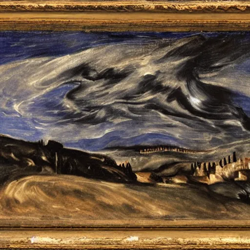 Prompt: A Spanish landscape at night by El Greco.