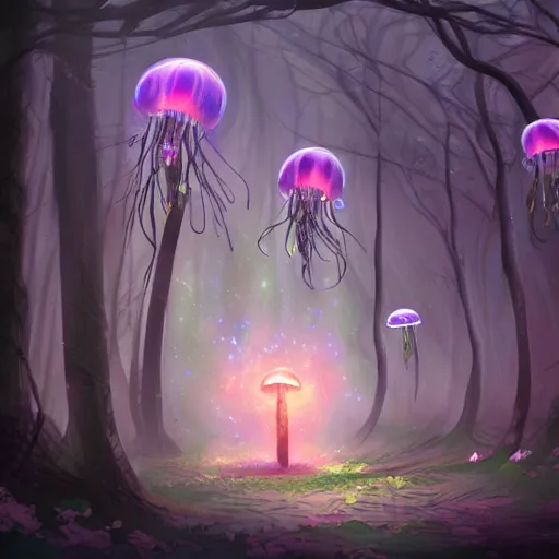 Prompt: a magical forest filled with floating glowing jellyfish, concept art, digital painting, deviantart, artstation