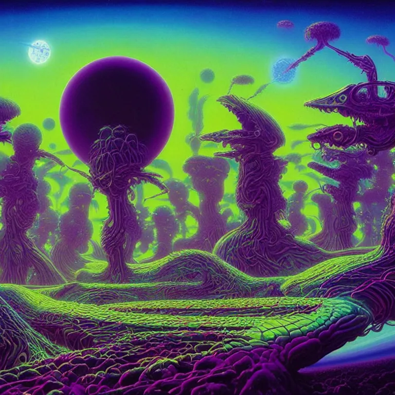 Prompt: strange mysterious creatures, infinite quantum portal, synthwave, bright neon colors, highly detailed, cinematic, panoramic, tim white, michael whelan, roger dean, bob eggleton, chris foss, vladimir kush, kubrick, kimura, isono