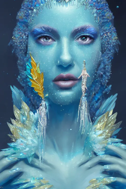 Prompt: beautiful princess with face covered with blue jewels wearing ice feathers, diamonds, angel, fantasy, yellow background beam, dramatic lighting, highly detailed, digital painting, magic the gathering, 3 d render, hyper realistic detailed portrait, peter mohrbacher, wlop, ruan jia