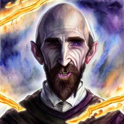 Image similar to asmongold as a wizard at hogwarts using a spell on voldemort, hyper realistic, hyper detailed, watercolor painting, fantasy, muted colors