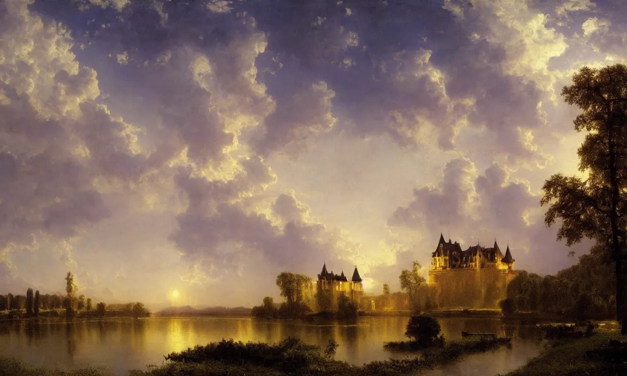 Image similar to beautiful illustration of chateau in a serene landscape, by albert bierstadt, magic realism, narrative realism, beautiful matte painting, heavenly lighting, retrowave, 4 k hd wallpaper