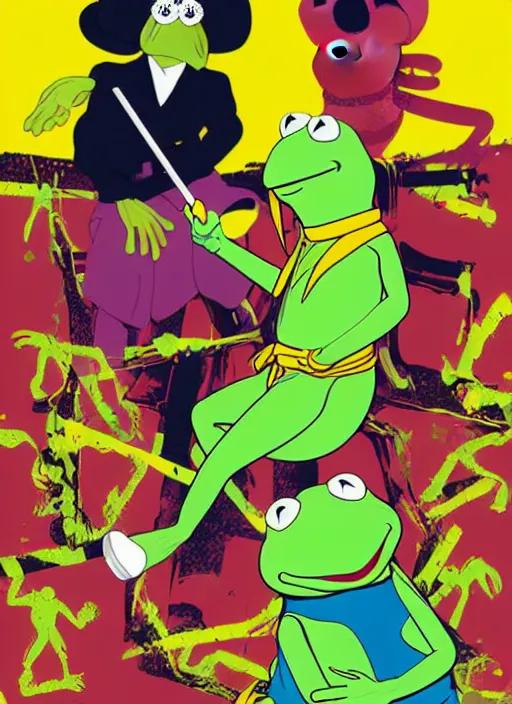 Prompt: poster artwork by Michael Whelan and Tomer Hanuka, The Muppet Show, Kermit and Miss Piggy karate fight scene from Kill Bill, pop art poster, vector art, poster artwork by Michael Whelan and Tomer Hanuka